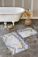 - Realhomes - Realhomes  2'li Set Gold - Gri Zeminde Pul Motifli Geometrik Desenli Geometrik Klasik  2'li Banyo & Mutfak Paspas Takımı Realhomes