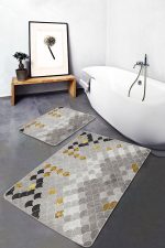 - PaspasTakimi-2li-Set726-Gorsel-1 - Realhomes 2'li Set Gold - Krem Zeminde Pul Motifli Geometrik Desenli Geometrik Sade & Şık 2'li Banyo & Mutfak Paspas Takımı Realhomes