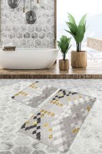 - PaspasTakimi-2li-Set726-Gorsel - Realhomes 2'li Set Gold - Krem Zeminde Pul Motifli Geometrik Desenli Geometrik Sade & Şık 2'li Banyo & Mutfak Paspas Takımı Realhomes