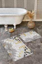 - Realhomes - Realhomes 2'li Set Gold - Krem Zeminde Pul Motifli Geometrik Desenli Geometrik Sade & Şık 2'li Banyo & Mutfak Paspas Takımı Realhomes