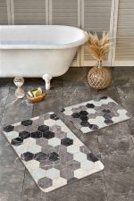 2'li Set Siyah - Kahvernegi Zeminde Geometrik Motifli Altıgen Desenli Geometrik Klasik  2'li Banyo & Mutfak Paspas Takımı Realhomes