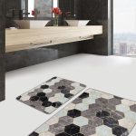2'li Set Siyah - Mavi Zeminde Kanvas Motifli Yaprak Desenli Geometrik Sade & Şık  2'li Banyo & Mutfak Paspas Takımı Realhomes