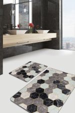 2'li Set Siyah - Kahvernegi Zeminde Geometrik Motifli Altıgen Desenli Geometrik Klasik  2'li Banyo & Mutfak Paspas Takımı Realhomes