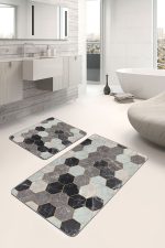 2'li Set Siyah - Kahvernegi Zeminde Geometrik Motifli Altıgen Desenli Geometrik Klasik  2'li Banyo & Mutfak Paspas Takımı Realhomes
