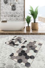 2'li Set Siyah - Kahvernegi Zeminde Geometrik Motifli Altıgen Desenli Geometrik Klasik  2'li Banyo & Mutfak Paspas Takımı Realhomes