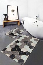 2'li Set Siyah - Kahvernegi Zeminde Geometrik Motifli Altıgen Desenli Geometrik Klasik  2'li Banyo & Mutfak Paspas Takımı Realhomes