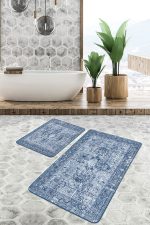- PaspasTakimi-2li-Set728-Gorsel-1 - Realhomes 2'li Set Mavi Zeminde Etnik Motifli Kilim Desenli Etnik Motifler Avangarde 2'li Banyo & Mutfak Paspas Takımı Realhomes