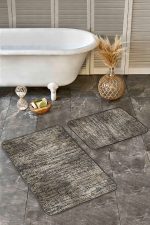 - Realhomes - Realhomes 2'li Set Kahverengi Zeminde Tribal Motifli Etnik Desenli Floral Eskitme Motifli 2'li Banyo & Mutfak Paspas Takımı Realhomes