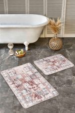 - Realhomes - Realhomes  2'li Set Krem Zeminde Etnik Motifli Geleneksel Desenli Eskitme Motifli Vintage  2'li Banyo & Mutfak Paspas Takımı Realhomes