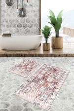 - PaspasTakimi-2li-Set730-Gorsel-2 - Realhomes  2'li Set Krem Zeminde Etnik Motifli Geleneksel Desenli Eskitme Motifli Vintage  2'li Banyo & Mutfak Paspas Takımı Realhomes