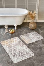 - Realhomes - Realhomes 2'li Set Krem Zeminde Mozaik Motifli Eskitme Desenli Geometrik Vintage 2'li Banyo & Mutfak Paspas Takımı Realhomes