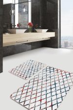 - PaspasTakimi-2li-Set733-Gorsel-1 - Realhomes 2'li Set Beyaz Zeminde Geometrik Motifli Eskitme Desenli Geometrik Sade & Şık 2'li Banyo & Mutfak Paspas Takımı Realhomes