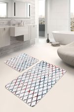 - PaspasTakimi-2li-Set733-Gorsel-4 - Realhomes 2'li Set Beyaz Zeminde Geometrik Motifli Eskitme Desenli Geometrik Sade & Şık 2'li Banyo & Mutfak Paspas Takımı Realhomes