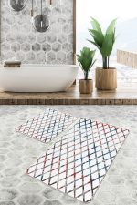 - PaspasTakimi-2li-Set733-Gorsel-5 - Realhomes 2'li Set Beyaz Zeminde Geometrik Motifli Eskitme Desenli Geometrik Sade & Şık 2'li Banyo & Mutfak Paspas Takımı Realhomes