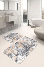 2'li Set Siyah - Bej Zeminde Geometrik Motifli Eskitme Desenli Geometrik Klasik  2'li Banyo & Mutfak Paspas Takımı Realhomes