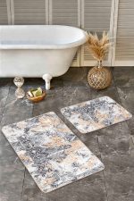 2'li Set Siyah - Bej Zeminde Geometrik Motifli Eskitme Desenli Geometrik Klasik  2'li Banyo & Mutfak Paspas Takımı Realhomes