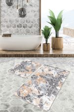 2'li Set Siyah - Bej Zeminde Geometrik Motifli Eskitme Desenli Geometrik Klasik  2'li Banyo & Mutfak Paspas Takımı Realhomes