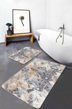 2'li Set Siyah - Bej Zeminde Geometrik Motifli Eskitme Desenli Geometrik Klasik  2'li Banyo & Mutfak Paspas Takımı Realhomes
