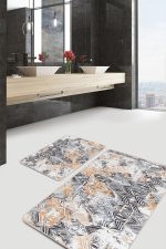 2'li Set Siyah - Bej Zeminde Geometrik Motifli Eskitme Desenli Geometrik Klasik  2'li Banyo & Mutfak Paspas Takımı Realhomes