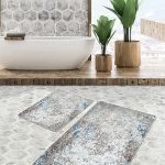 2'li Set Mavi - Kahverengi Zeminde Etnik Motifli Art Deco Desenli Geometrik Vintage  2'li Banyo & Mutfak Paspas Takımı Realhomes