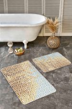 2'li Set Altın Zeminde Geometrik Motifli Modern Sanat Desenli Geometrik eskitme Motifli  2'li Banyo & Mutfak Paspas Takımı Realhomes