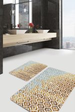 2'li Set Altın Zeminde Geometrik Motifli Modern Sanat Desenli Geometrik eskitme Motifli  2'li Banyo & Mutfak Paspas Takımı Realhomes