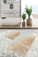 2'li Set Altın Zeminde Geometrik Motifli Modern Sanat Desenli Geometrik eskitme Motifli  2'li Banyo & Mutfak Paspas Takımı Realhomes