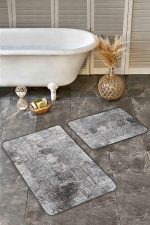 - Realhomes - Realhomes  2'li Set Siyah Beyaz Zeminde Klasik Motifli Geometrik Desenli Geometrik Eskitme Motifli  2'li Banyo & Mutfak Paspas Takımı Realhomes