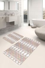 - PaspasTakimi-2li-Set739-Gorsel - Realhomes 2'li Set Beyaz Zeminde Etnik Motifli Kilim Desenli Geometrik Etnik Motifler 2'li Banyo & Mutfak Paspas Takımı Realhomes