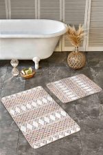 - Realhomes - Realhomes 2'li Set Beyaz Zeminde Etnik Motifli Kilim Desenli Geometrik Etnik Motifler 2'li Banyo & Mutfak Paspas Takımı Realhomes