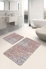 2'li Set Kırmızı Zeminde Çizgili Motifli Zikzak Desenli Geometrik Klasik  2'li Banyo & Mutfak Paspas Takımı Realhomes