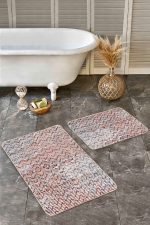 2'li Set Kırmızı Zeminde Çizgili Motifli Zikzak Desenli Geometrik Klasik  2'li Banyo & Mutfak Paspas Takımı Realhomes