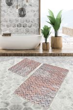 2'li Set Kırmızı Zeminde Çizgili Motifli Zikzak Desenli Geometrik Klasik  2'li Banyo & Mutfak Paspas Takımı Realhomes