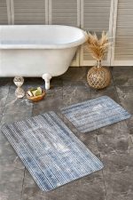 - Realhomes - Realhomes  2'li Set Mavi Zeminde Etnik Motifli Örgü Desenli Geometrik Klasik  2'li Banyo & Mutfak Paspas Takımı Realhomes