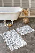 - Realhomes - Realhomes  2'li Set Mavi Zeminde Yöresel Motifli Kilim Desenli Geometrik Etnik Motifler  2'li Banyo & Mutfak Paspas Takımı Realhomes