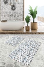 - PaspasTakimi-2li-Set742-Gorsel-5 - Realhomes  2'li Set Mavi Zeminde Yöresel Motifli Kilim Desenli Geometrik Etnik Motifler  2'li Banyo & Mutfak Paspas Takımı Realhomes