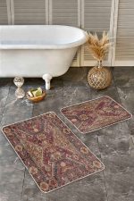 - Realhomes - Realhomes  2'li Set Kahverengi Zeminde Antik Motifli Uşak Desenli Etnik Motifler Vintage  2'li Banyo & Mutfak Paspas Takımı Realhomes