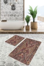 - PaspasTakimi-2li-Set743-Gorsel-5 - Realhomes  2'li Set Kahverengi Zeminde Antik Motifli Uşak Desenli Etnik Motifler Vintage  2'li Banyo & Mutfak Paspas Takımı Realhomes