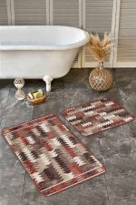 - Realhomes - Realhomes 2'li Set Kahverengi Zeminde Geometrik Motifli Etnik Desenli Etnik Motifler Eskitme Motifli 2'li Banyo & Mutfak Paspas Takımı Realhomes