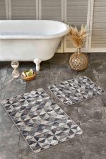 - Realhomes - Realhomes  2'li Set Kahverengi - Siyah Zeminde Geometrik Motifli Üçgen Desenli Geometrik Eskitme Motifli  2'li Banyo & Mutfak Paspas Takımı Realhomes