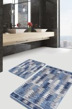 2'li Set Bej - Mavi Zeminde Geometrik Motifli Üçgen Desenli Geometrik Eskitme Motifli  2'li Banyo & Mutfak Paspas Takımı Realhomes