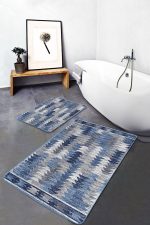 2'li Set Bej - Mavi Zeminde Geometrik Motifli Üçgen Desenli Geometrik Eskitme Motifli  2'li Banyo & Mutfak Paspas Takımı Realhomes