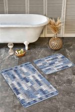 2'li Set Bej - Mavi Zeminde Geometrik Motifli Üçgen Desenli Geometrik Eskitme Motifli  2'li Banyo & Mutfak Paspas Takımı Realhomes