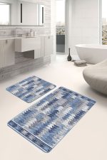 2'li Set Bej - Mavi Zeminde Geometrik Motifli Üçgen Desenli Geometrik Eskitme Motifli  2'li Banyo & Mutfak Paspas Takımı Realhomes