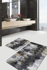 2'li Set Siyah - Bej Zeminde Geometrik Motifli Klasik Desenli Geometrik Sade & Şık  2'li Banyo & Mutfak Paspas Takımı Realhomes