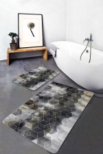 2'li Set Siyah - Bej Zeminde Geometrik Motifli Klasik Desenli Geometrik Sade & Şık  2'li Banyo & Mutfak Paspas Takımı Realhomes