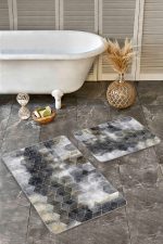 2'li Set Siyah - Bej Zeminde Geometrik Motifli Klasik Desenli Geometrik Sade & Şık  2'li Banyo & Mutfak Paspas Takımı Realhomes