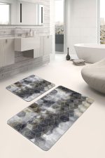 2'li Set Siyah - Bej Zeminde Geometrik Motifli Klasik Desenli Geometrik Sade & Şık  2'li Banyo & Mutfak Paspas Takımı Realhomes