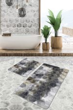 2'li Set Siyah - Bej Zeminde Geometrik Motifli Klasik Desenli Geometrik Sade & Şık  2'li Banyo & Mutfak Paspas Takımı Realhomes