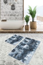 2'li Set Mavi Zeminde Klasik Motifli Geometrik Desenli Geometrik Sade & Şık  2'li Banyo & Mutfak Paspas Takımı Realhomes